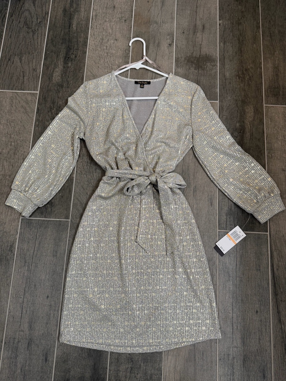 City Studio Silver Metallic Wrap Dress with Belt